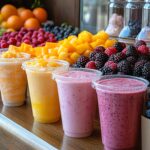 Fresh fruit smoothies in a row ready to enjoy A vibrant display of healthy choices