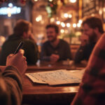 Pub trivia night Friends participating in a trivia quiz at a warm and lively bar setting combining fun strategy and laughter during a social gathering Image made using Generative AI
