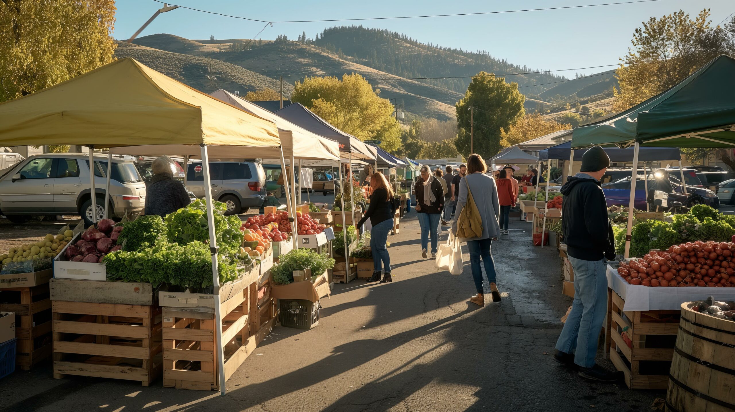 A busy farmers market with people shopping and cars parked in the background The market is bustling with activity and the atmosphere is lively