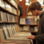 Young man browses vinyl records in a vintage record store looking for music