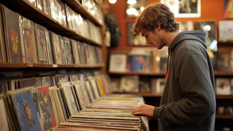 A young man with curly hair intently browses through rows of vinyl records in a cozy vintage store. He's on the hunt for a musical treasure, surrounded by stacks of albums. The warm lighting and nostalgic atmosphere create a perfect environment for discovering new and old sounds.